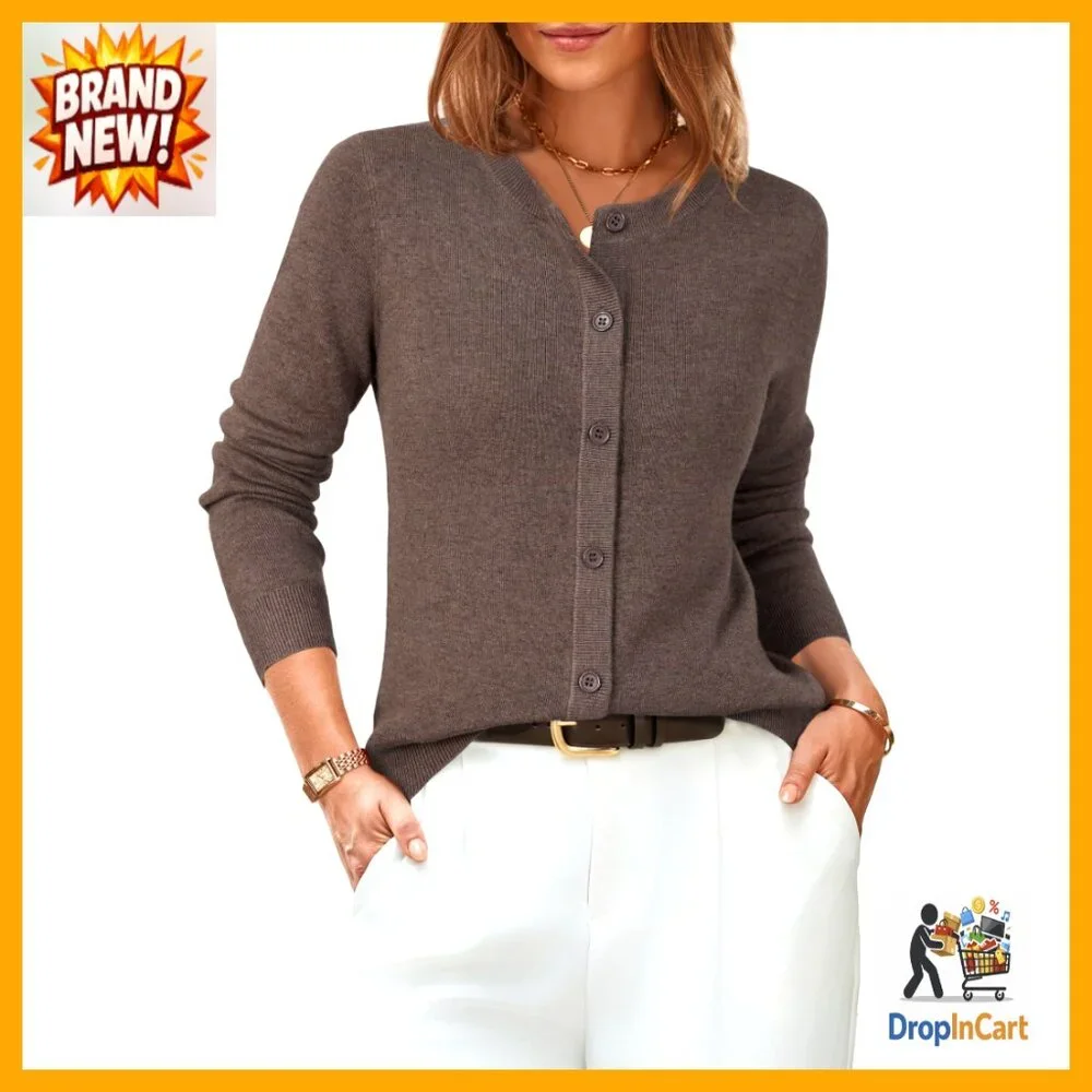 Lightweight Wool Blend Cardigan Classic Business Casual Chic Button Down Sweater